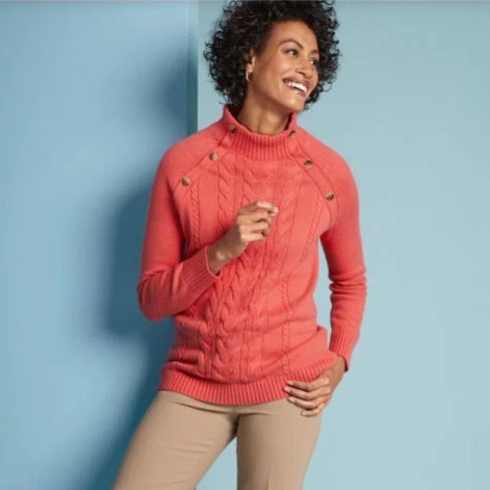 TALBOTS Button detail Funnel Neck Cable Knit Pullover Terracotta Womens XSmall
